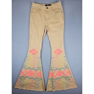 Lucky & Blessed Flare Jeans Size 4 26x32 Mustard Yellow Aztec Bell Bottom BOHO